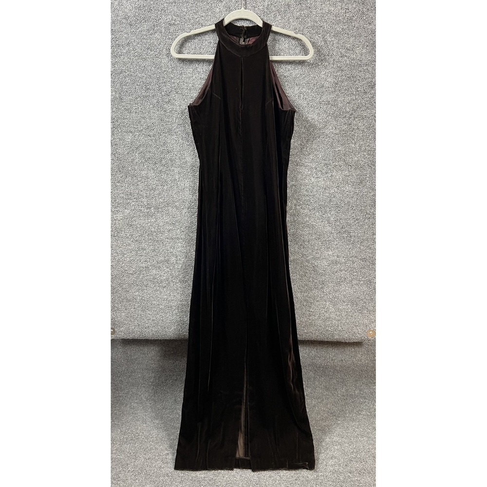 Womens Dress Chocolate Brown Velvet Long Keyhole Front Slit Gown Sz 9/10 VTG 80s
